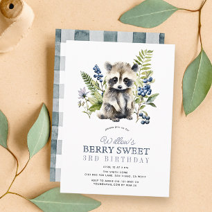 Blueberries & Racoon Boy Berry Sweet Birthday Invitation