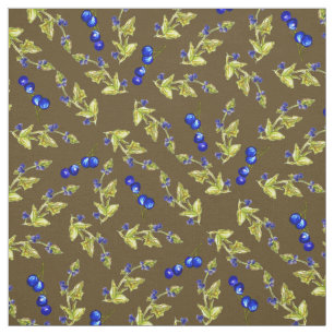 Blueberries Stemmed Leaves Brown Dirt Background Fabric