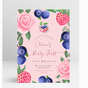 Blueberries & Strawberries Frame with Pink Roses Invitation