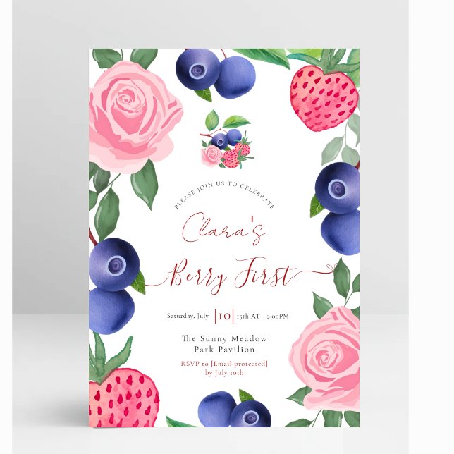 Blueberries & Strawberries Frame with Pink Roses Invitation (Blueberries & Strawberries Frame with Pink Roses First Birthday Invitation)