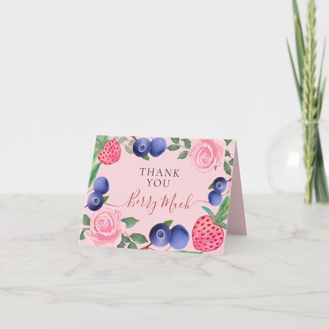 Blueberries & Strawberries Frame with Pink Roses Thank You Card (Front)