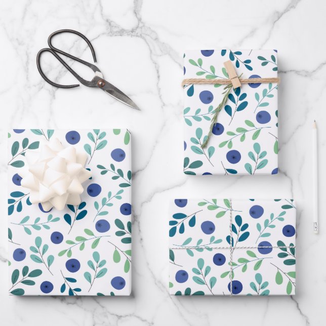 Blueberries with Green Leaves Pattern Wrapping Paper Sheet (Front)