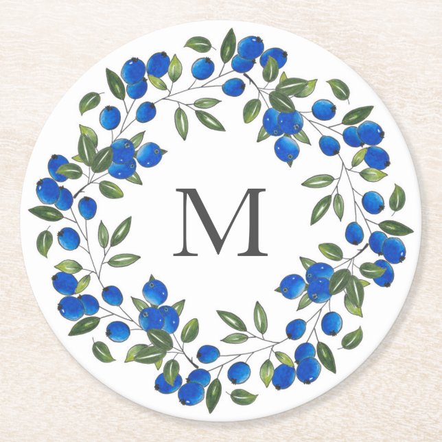 Blueberries Wreath  Round Paper Coaster (Front)