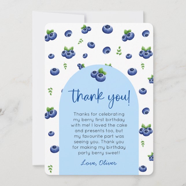 Blueberry 1st Birthday Photo Thank You Invitation (Front)