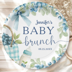 Blueberry Baby Shower Brunch Bows & Bottles Boy Paper Plate