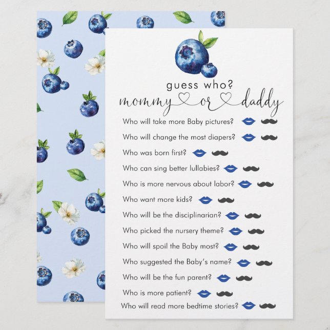 Blueberry Baby Shower  "Guess Who" Game (Front/Back)