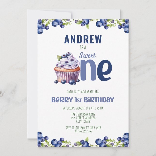 Blueberry Berry 1st First Birthday Invitation (Front)