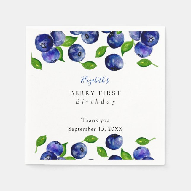 Blueberry Berry First Birthday Watercolor Simple   Napkin (Front)