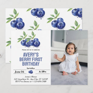 Blueberry Berry First Girl 1st Birthday Photo Invitation