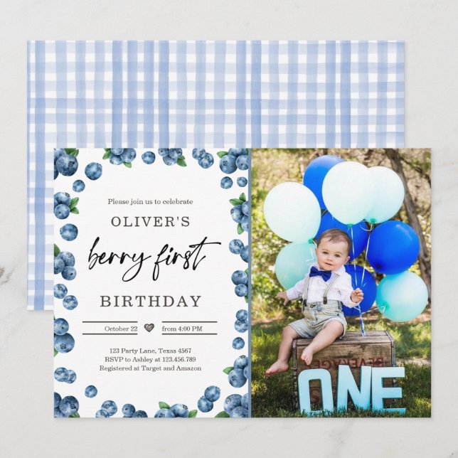 Blueberry Berry Sweet 1st First Birthday Invitatio Invitation (Front/Back)