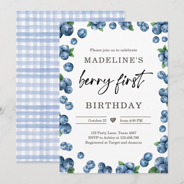 Blueberry Berry Sweet 1st First Birthday Invitation (Front/Back)