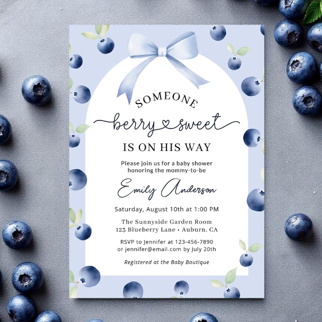 Blueberry Berry Sweet Boy Bow Baby Shower Invitation (Creator Uploaded)