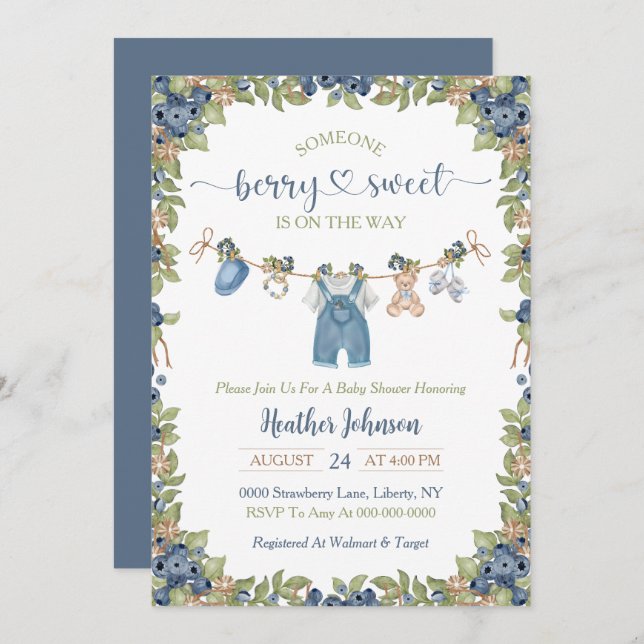 Blueberry Berry Sweet Clothesline Baby Shower Invitation (Front/Back)