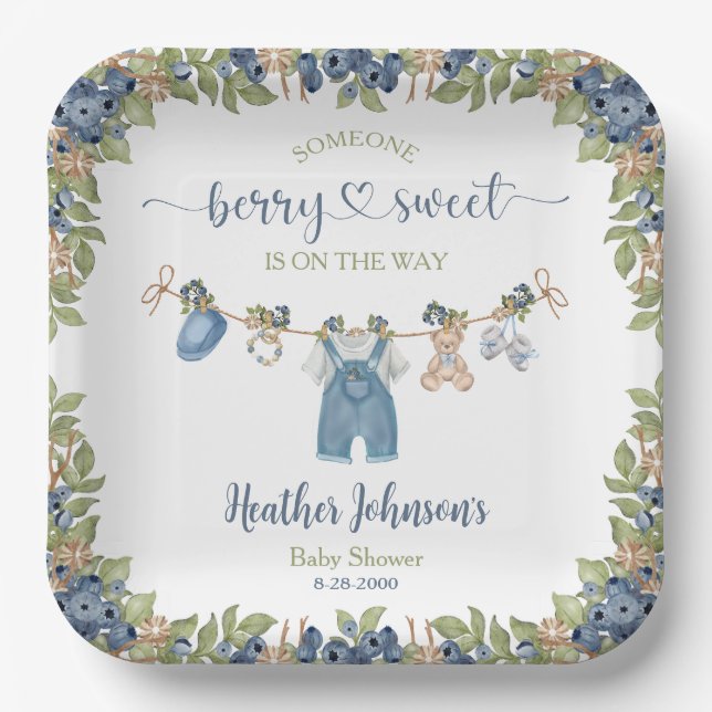 Blueberry Berry Sweet Clothesline Baby Shower Paper Plate (Front)
