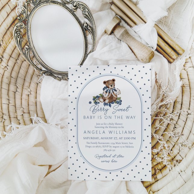 Blueberry Berry Sweet Dusty Blue Boy Baby Shower Invitation (Creator Uploaded)