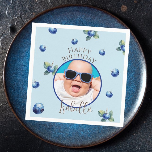 Blueberry Berry Sweet Photo Boy Birthday Party Napkin (Creator Uploaded)