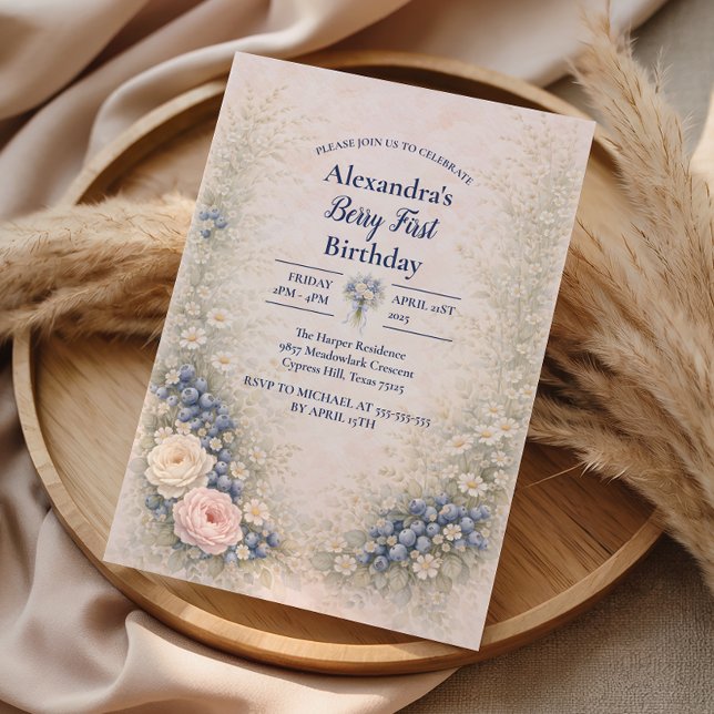Blueberry Berry Vintage Garden 1st Birthday Invitation (Creator Uploaded)