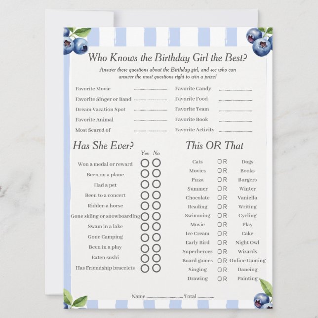 Blueberry Birthday girl Trivia Trio Game card (Front)
