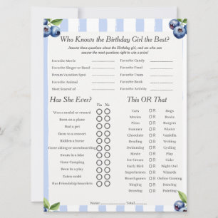 Blueberry Birthday girl Trivia Trio Game card