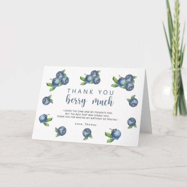 Blueberry birthday party thank you berry much card (Front)