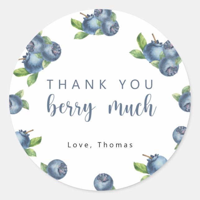 Blueberry birthday party thank you berry much classic round sticker (Front)