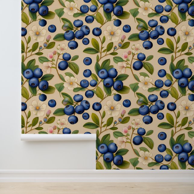 Blueberry Blossoms Green Branches Repeat Pattern Wallpaper (Application)