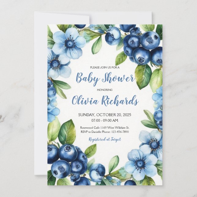 Blueberry & Blue Flowers Baby Shower Invitation (Front)