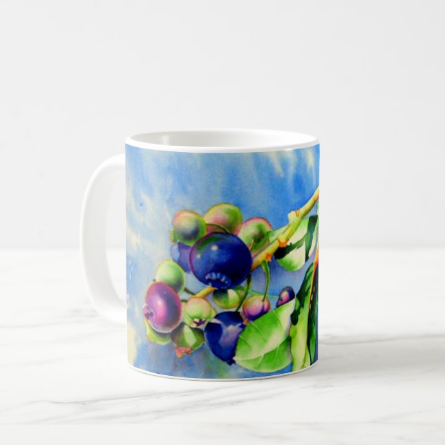Blueberry branch, watercolor painting coffee mug (Front Left)
