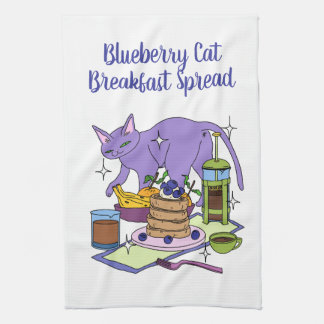Blueberry Cat Breakfast Spread Illustration Tea Towel