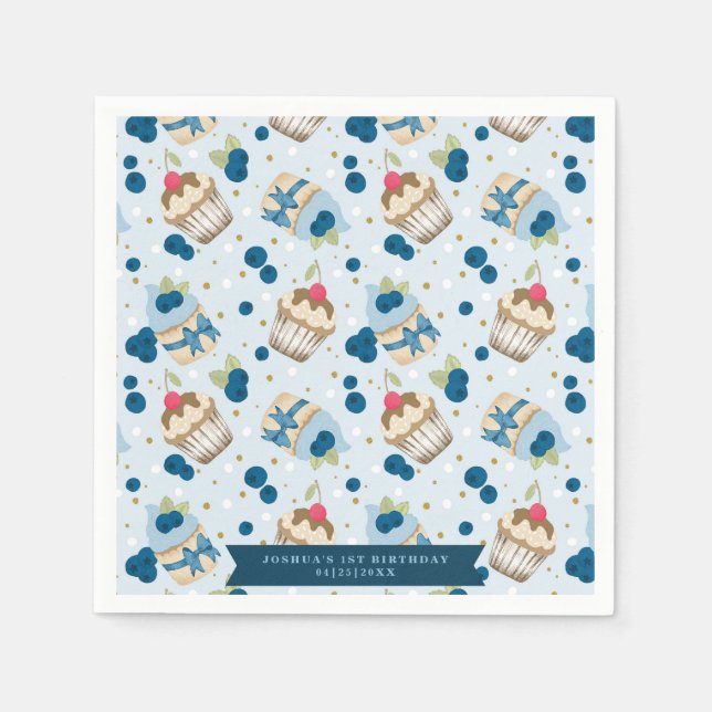 Blueberry Cupcake Blue Birthday Party Celebration Napkin (Front)