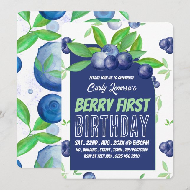 Blueberry Design, Berry First Birthday Invitation (Front/Back)