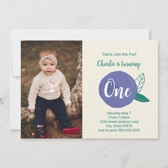 Blueberry First Birthday Photo Invitation (Front)