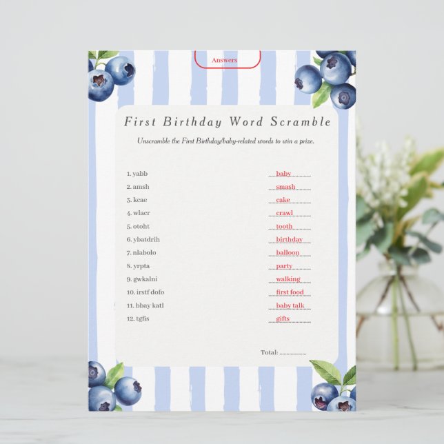 Blueberry First Birthday Word Scramble Answer Key Holiday Card (Standing Front)