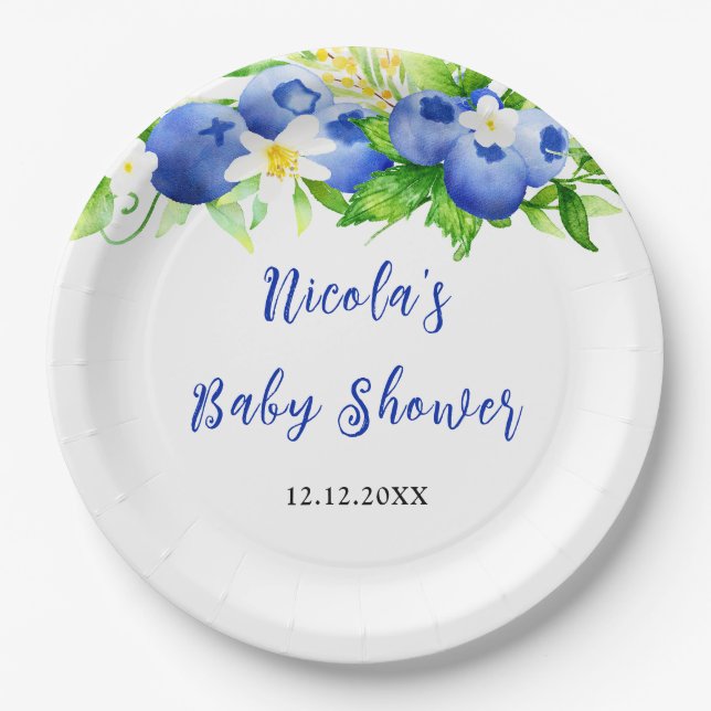 Blueberry Floral Baby Shower Paper Plate (Front)