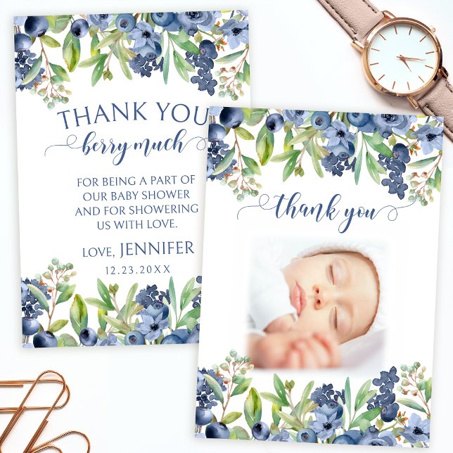 Blueberry floral baby shower photo thank you cards (Creator Uploaded)