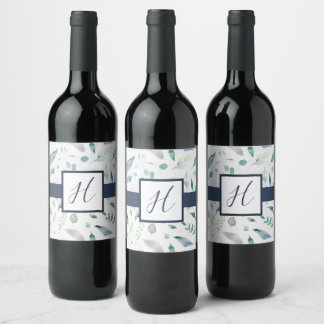 Blueberry Floral Monogram Wine Bottle Wine Label