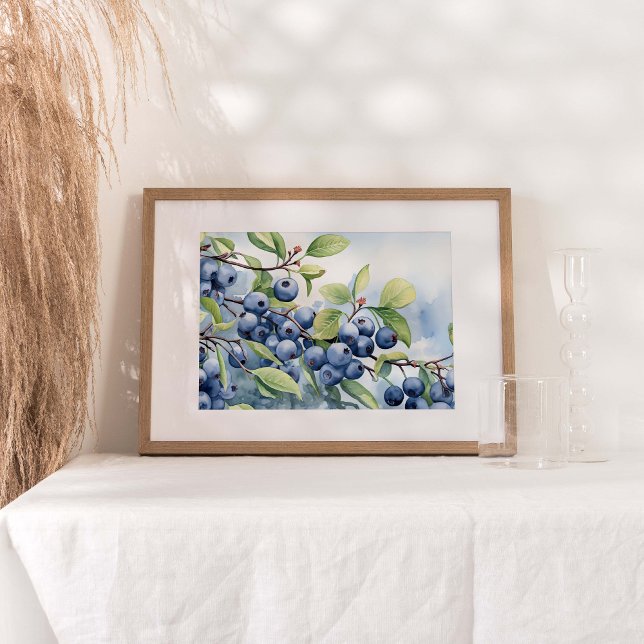 Blueberry Fruit Plant Watercolor Print (Watercolor print portraying the lush beauty of a blueberry bush laden with ripe, juicy berries.)