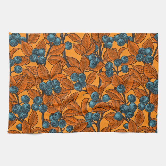 Blueberry garden, blue and orange tea towel (Horizontal)
