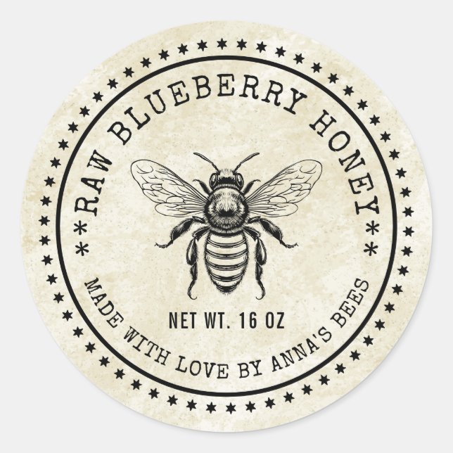Blueberry honey label with bee and vintage feel (Front)
