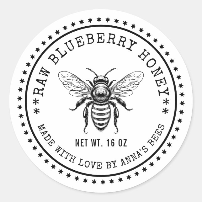 Blueberry honey label with custom colour bee (Front)