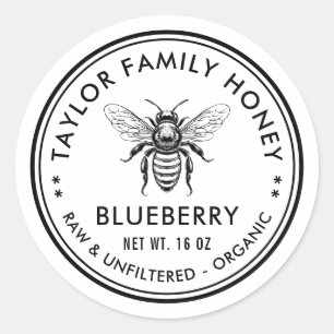 Blueberry honey label with honey bee