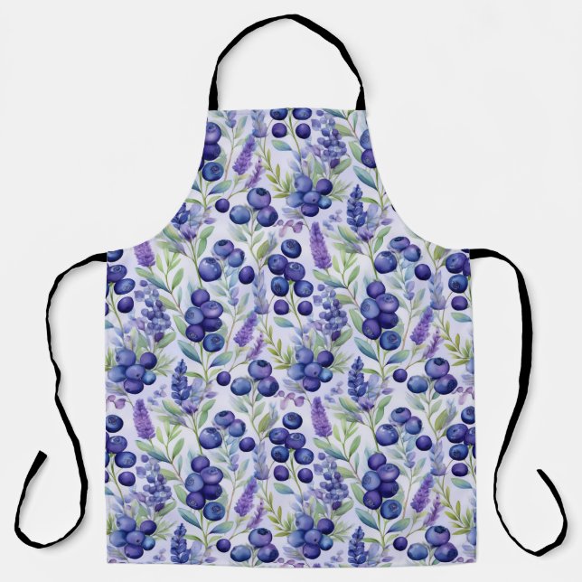 Blueberry Lavender Garden – Watercolor Floral Apron (Front)