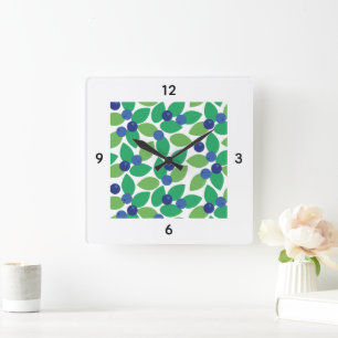 Blueberry Modern Elegant Pattern Green Purple. Square Wall Clock