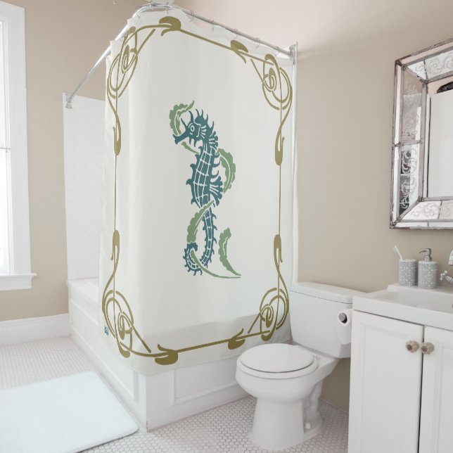 Blueberry Nouveau Art Deco Shower Curtain Seahorse (In Situ)