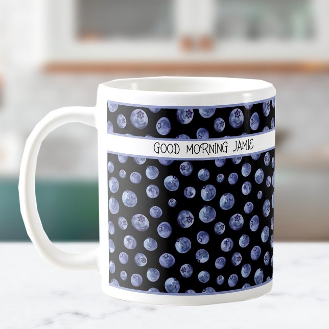 Blueberry pattern on the black personalised mug (Blueberry pattern on the black personalized mug)