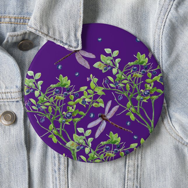 Blueberry pattern with dragonflies 6 cm round badge (In Situ)