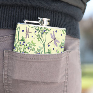 Blueberry pattern with dragonflies hip flask