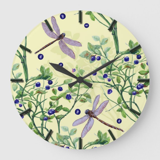 Blueberry pattern with dragonflies large clock (Front)