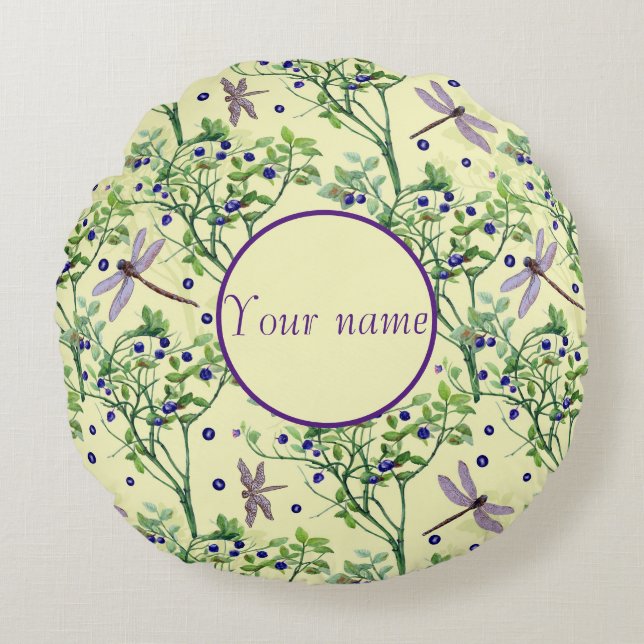 Blueberry pattern with dragonflies round cushion (Front)