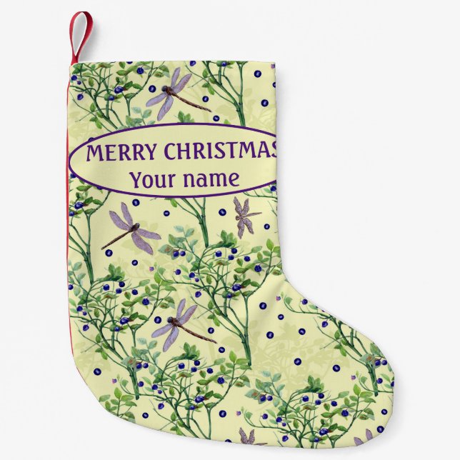 Blueberry pattern with dragonflies small christmas stocking (Front)